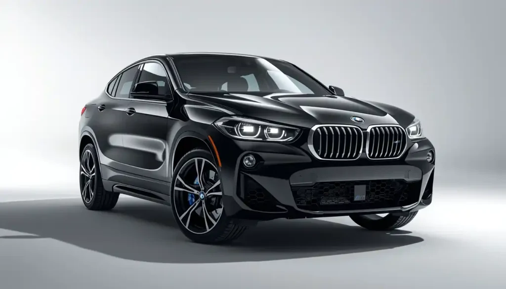 BMW iX2 xDrive30 electric coupe SUV in Black Sapphire on white studio background showing M Sport alloys and Iconic Glow grille