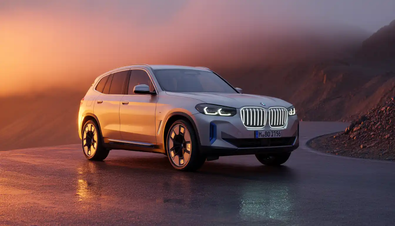 2027 BMW iX3 electric SUV parked on a dramatic mountain road at sunset