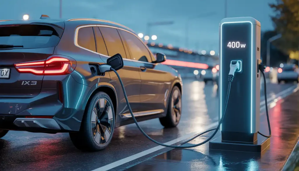 2027 BMW iX3 electric SUV charging at 400kW ultra-rapid DC charging station