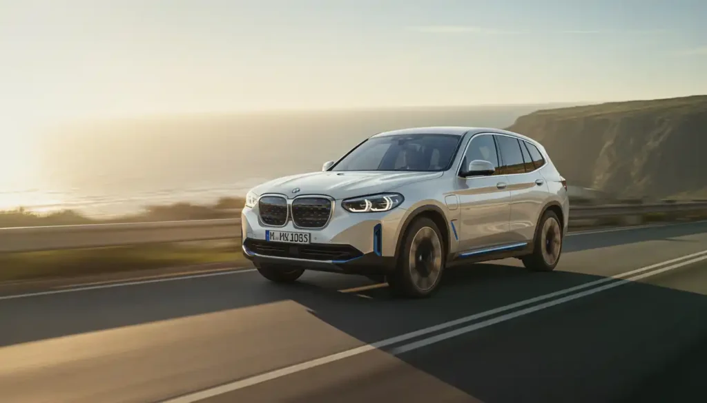 2027 BMW iX3 electric SUV compared side by side with Tesla Model Y on open road
