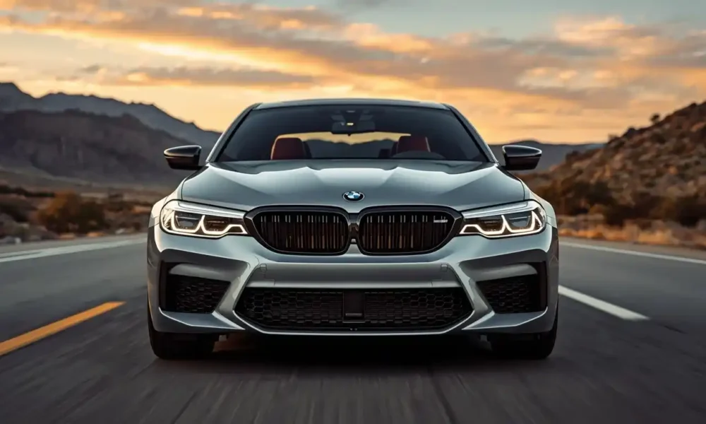 2026 BMW M5 G90 silver sedan front three-quarter view on open road