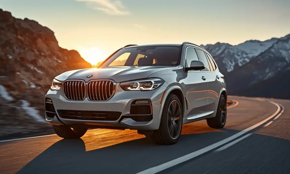 2026 BMW X5 luxury SUV front view in alpine white on mountain road