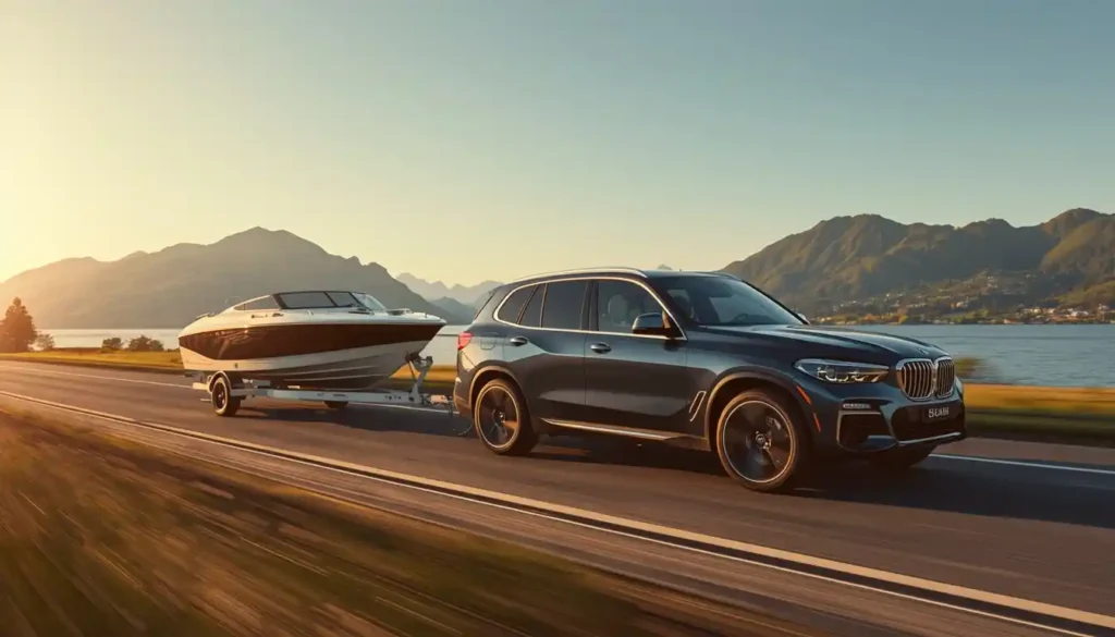 BMW X5 towing a boat trailer showing 7200 pound towing capacity and dimensions