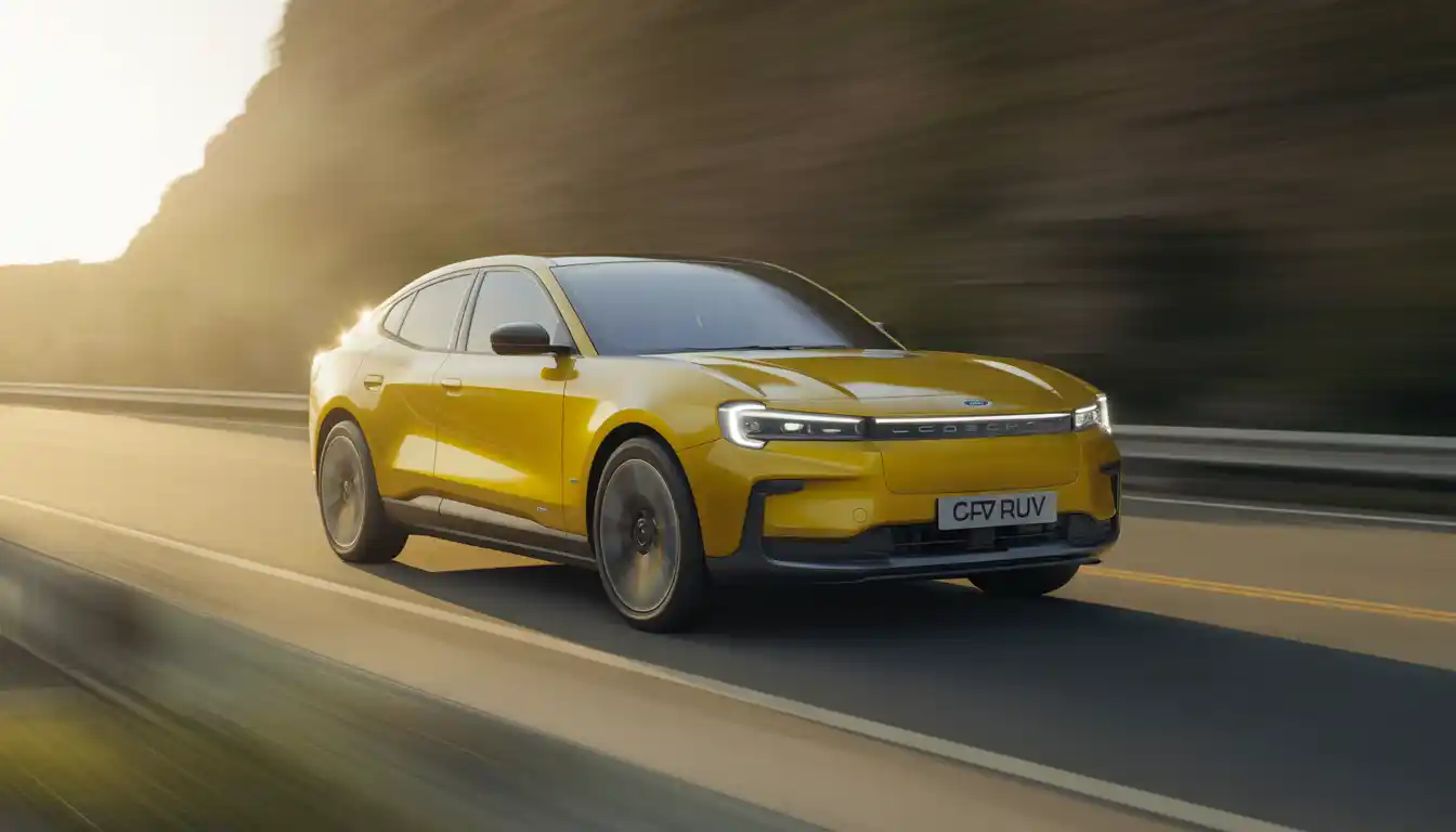 Ford Capri EV 2026 electric coupe SUV in Vivid Yellow driving on open road