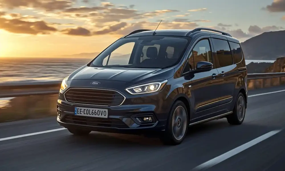 Ford E-Tourneo Courier 2026 electric MPV front view in motion