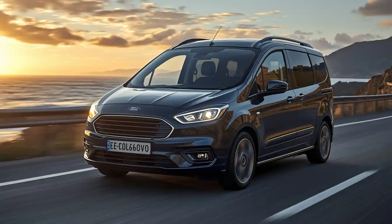 Ford E-Tourneo Courier 2026 electric MPV front view in motion