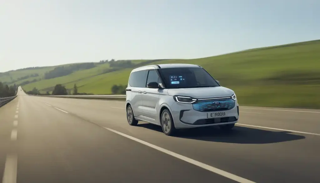 Ford E-Tourneo Courier driving on motorway showing electric range