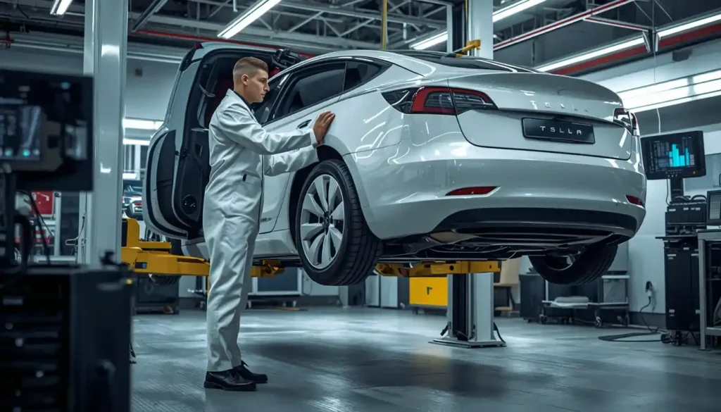 Most reliable electric cars 2026 — EV technician inspecting Tesla Model 3 battery for reliability check