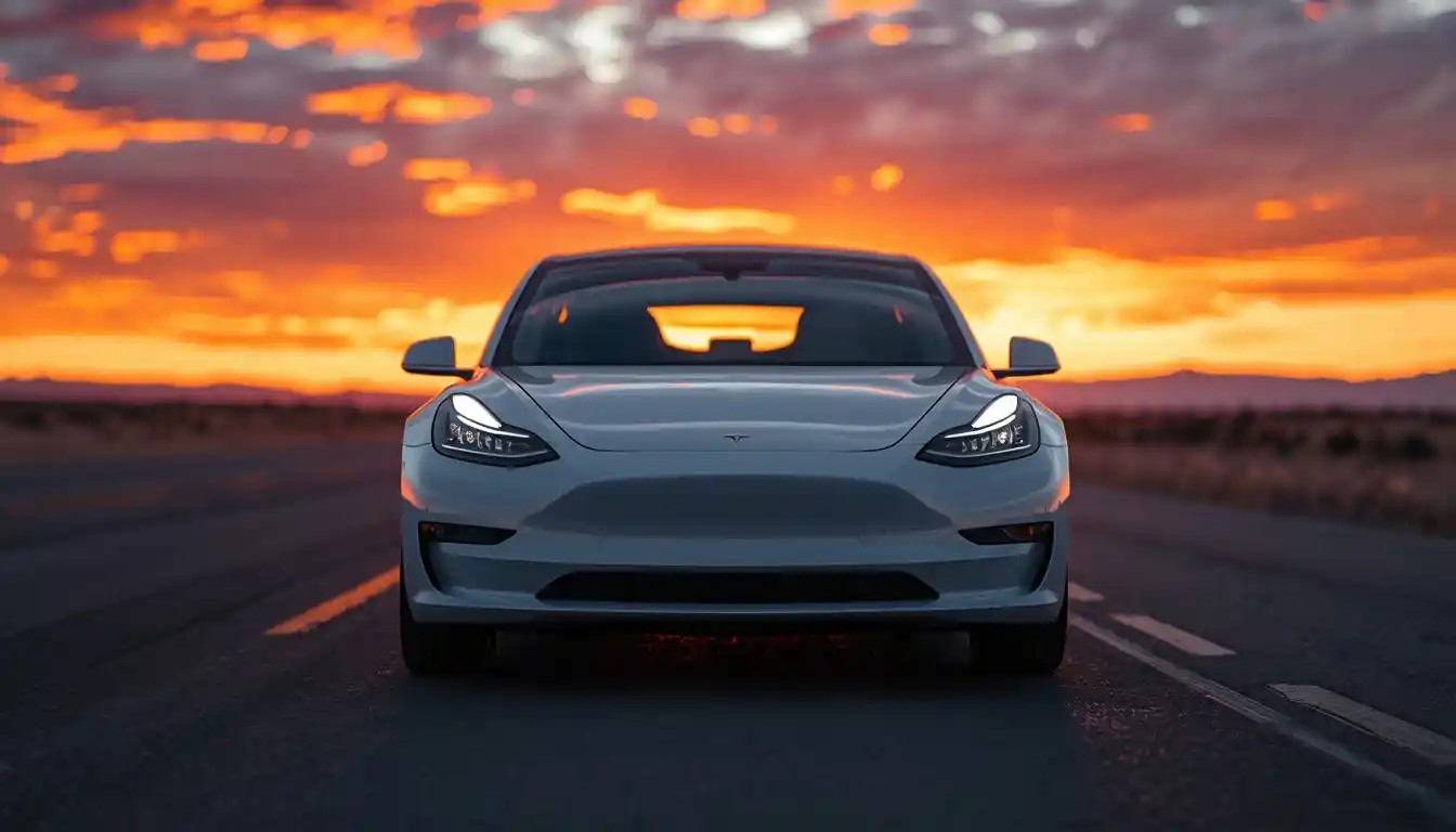 2026 Tesla Model 3 electric sedan front three-quarter view on open highway at sunset