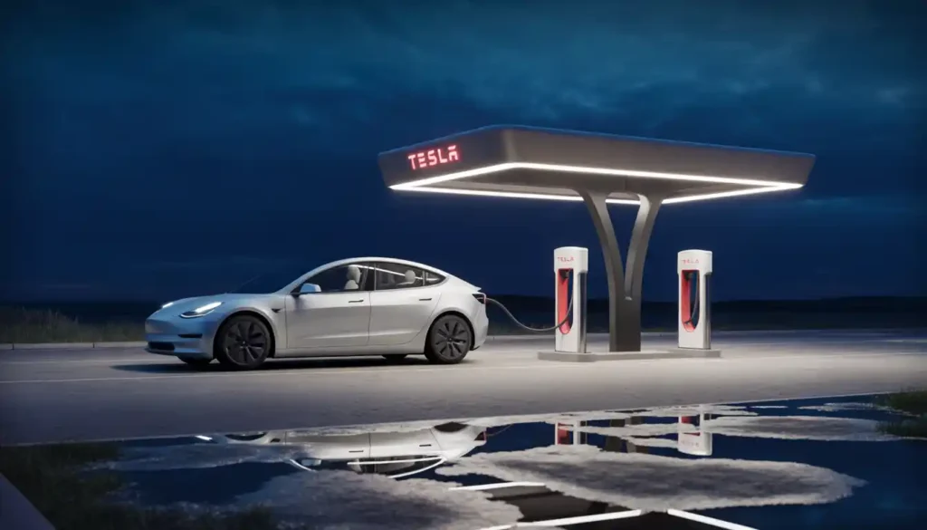 Tesla Model 3 charging at Tesla Supercharger station at night