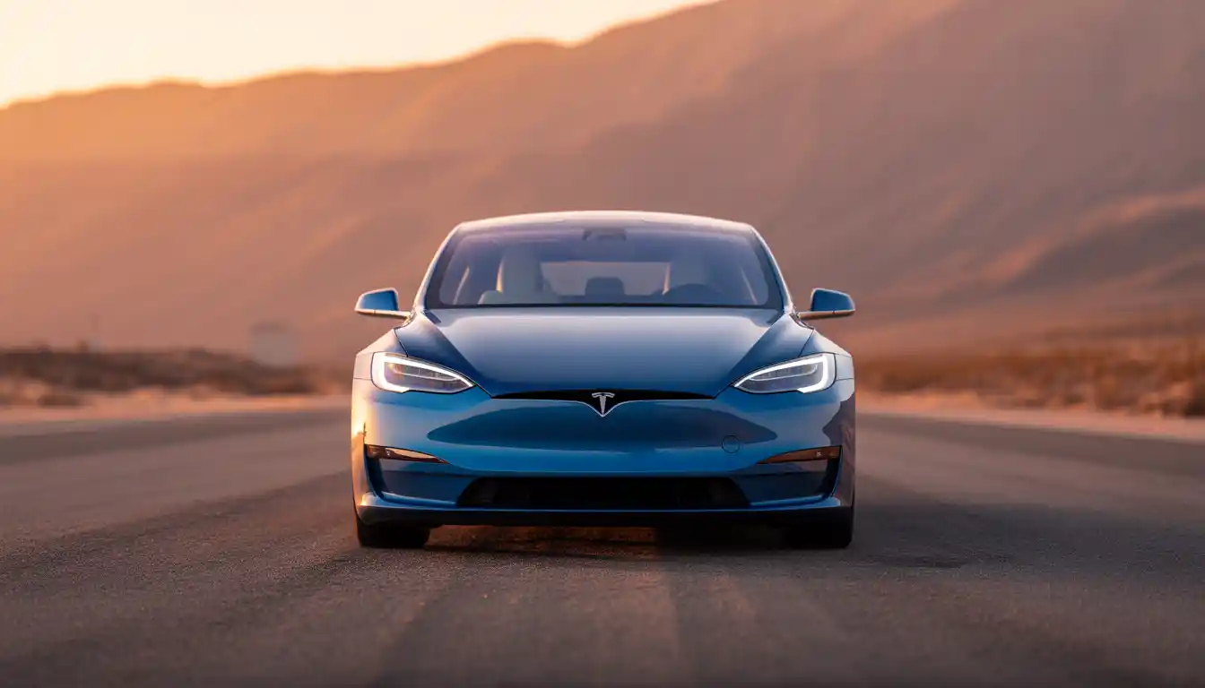 Tesla Model S 2026 luxury electric sedan in Frost Blue Metallic on open highway at golden hour