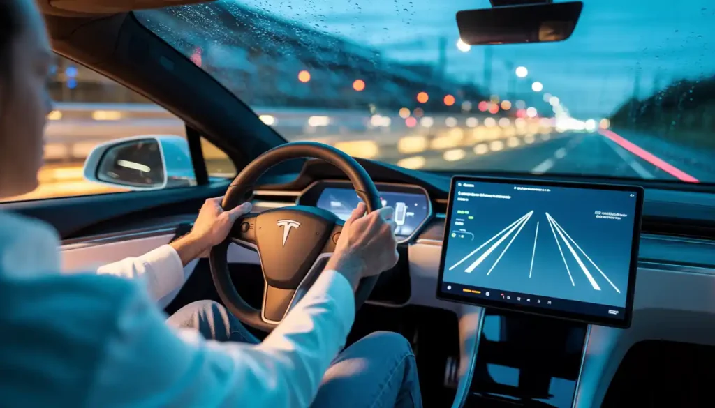 Tesla Model S Autopilot advanced driver assistance system active on highway at night with lane detection