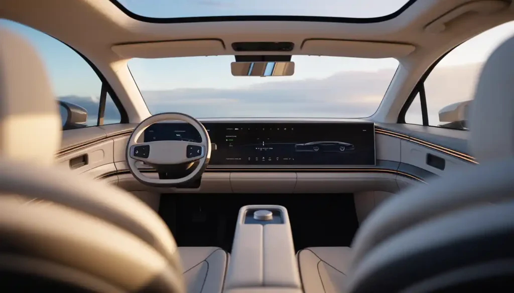 Tesla Model S 2026 interior showing 17-inch touchscreen dashboard and premium vegan leather seats