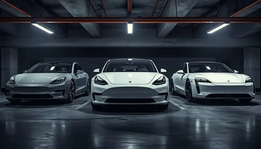 Tesla Model S parked alongside Porsche Taycan and Lucid Air showing luxury electric sedan comparison