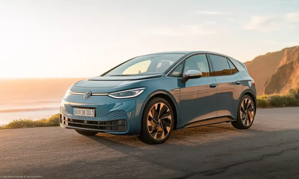 Volkswagen ID.3 GTX electric hot hatch in Midnight Blue on an open coastal road at golden hour