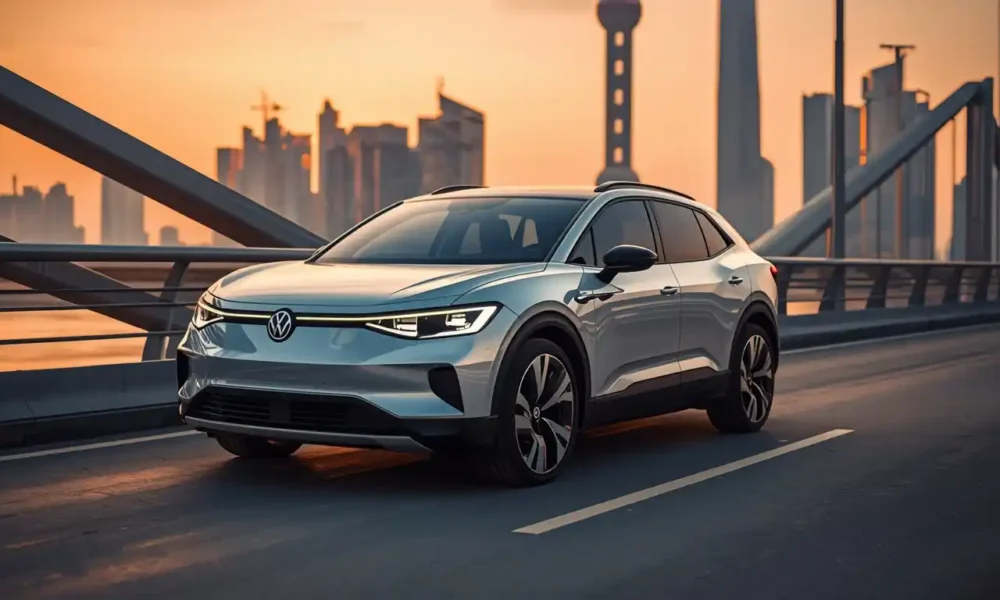 Volkswagen ID.6 X 2026 electric SUV parked on Shanghai highway at golden hour