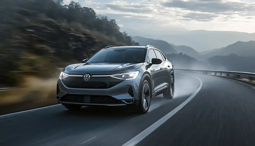 Volkswagen ID.6 X 2026 dynamic driving on mountain road with LED headlights in fog