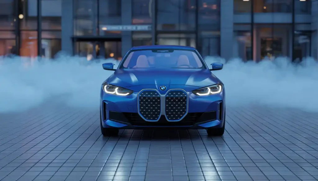 BMW i4 electric car front view showing kidney grille and blue i badge — 2026 model