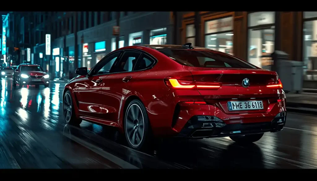 2026 BMW i4 electric car driving through city at night showcasing premium urban lifestyle