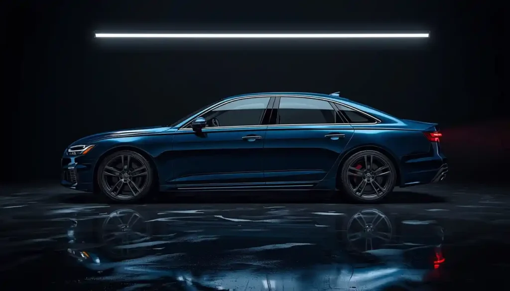 2026 Audi A6 sedan full exterior side profile in Navarra Blue