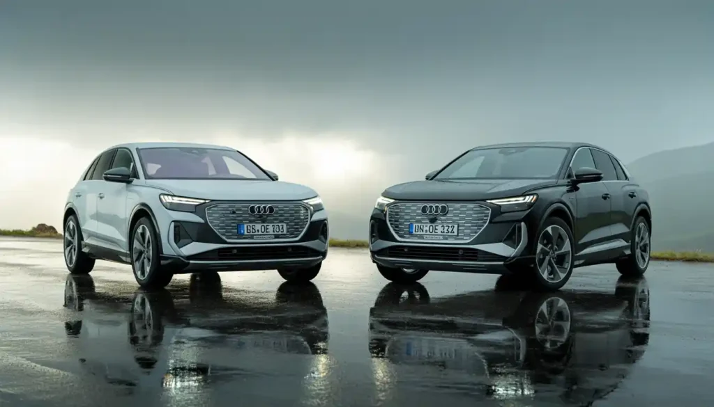 Audi Q4 40 e-tron and Audi Q4 50 e-tron quattro side by side comparison on wet road