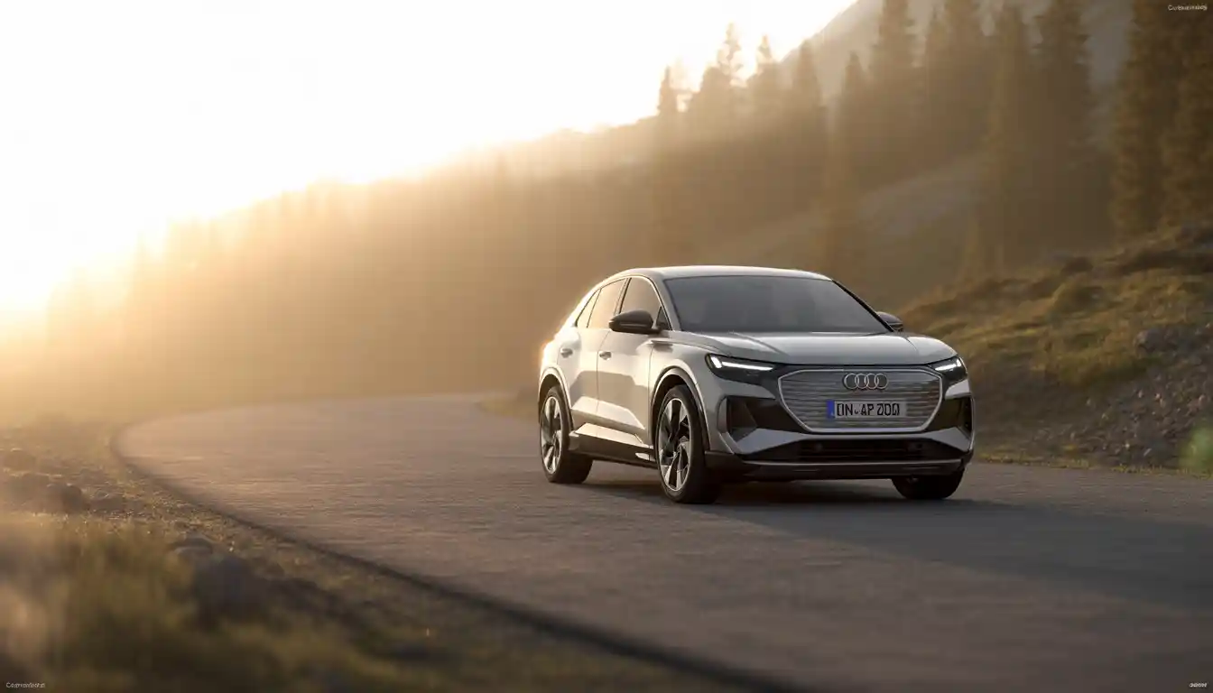 2026 Audi Q4 e-tron electric SUV parked on mountain road at golden hour