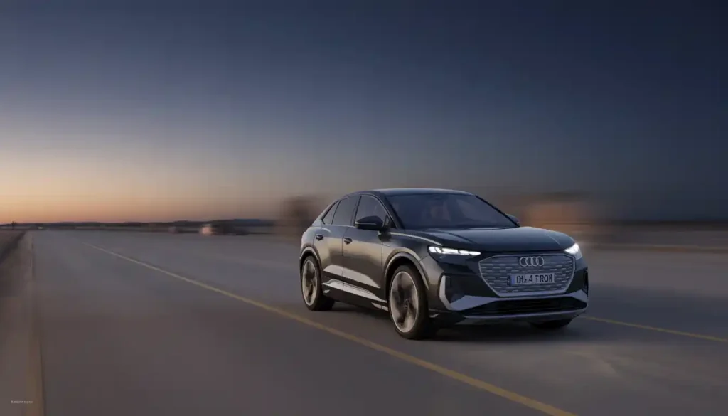 Audi Q4 e-tron 2026 side profile on empty highway at dusk