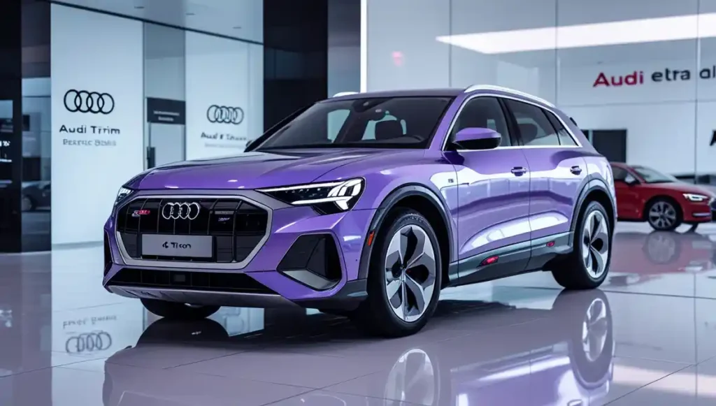 2026 Audi Q4 e-tron Premium Plus trim in Aurora Violet parked at modern dealership