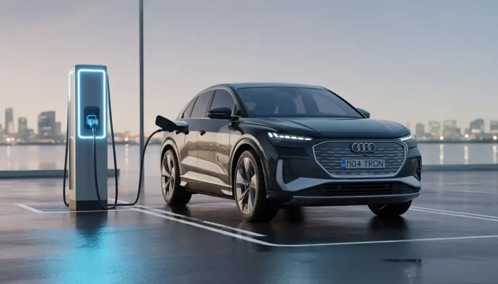 Audi Q4 e-tron plugged into 175kW DC fast charger at modern charging station