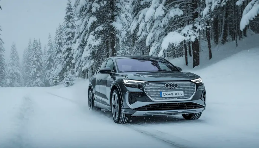 Audi Q4 e-tron quattro driving through heavy snow in winter conditions