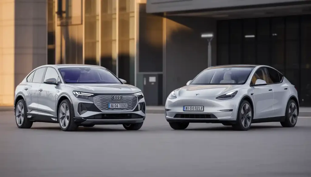 Audi Q4 e-tron and Tesla Model Y parked side by side for direct comparison