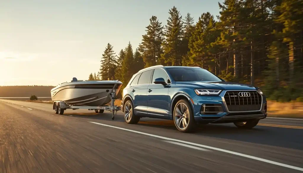 Audi Q7 2026 three row SUV with towing capacity on open road