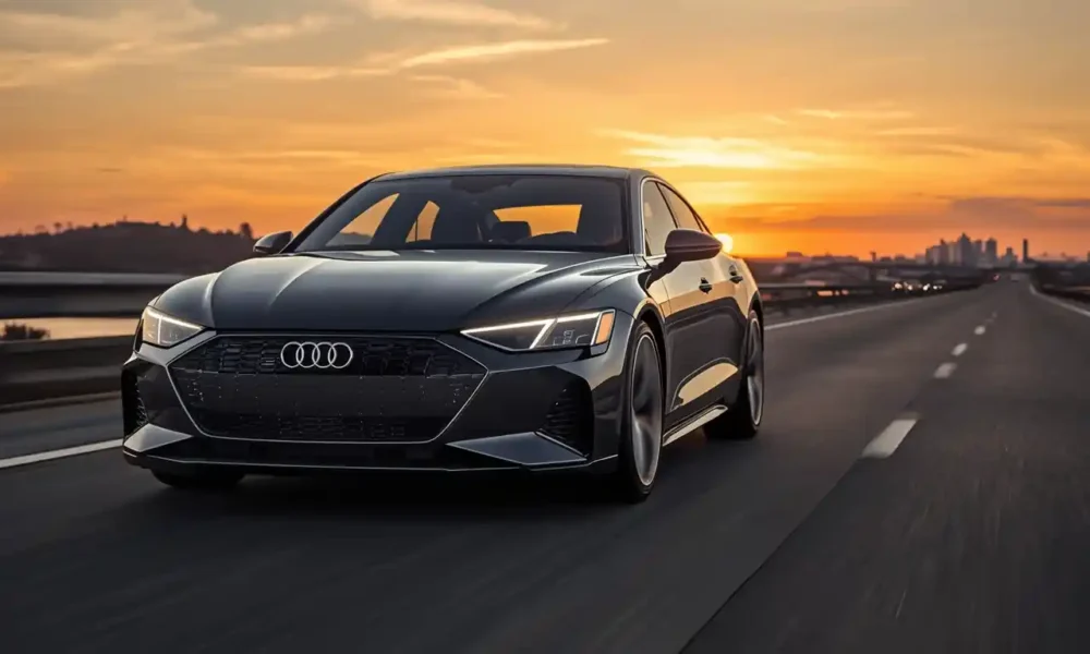 2026 Audi S e-tron GT electric sedan in Daytona Gray driving on open highway at dusk