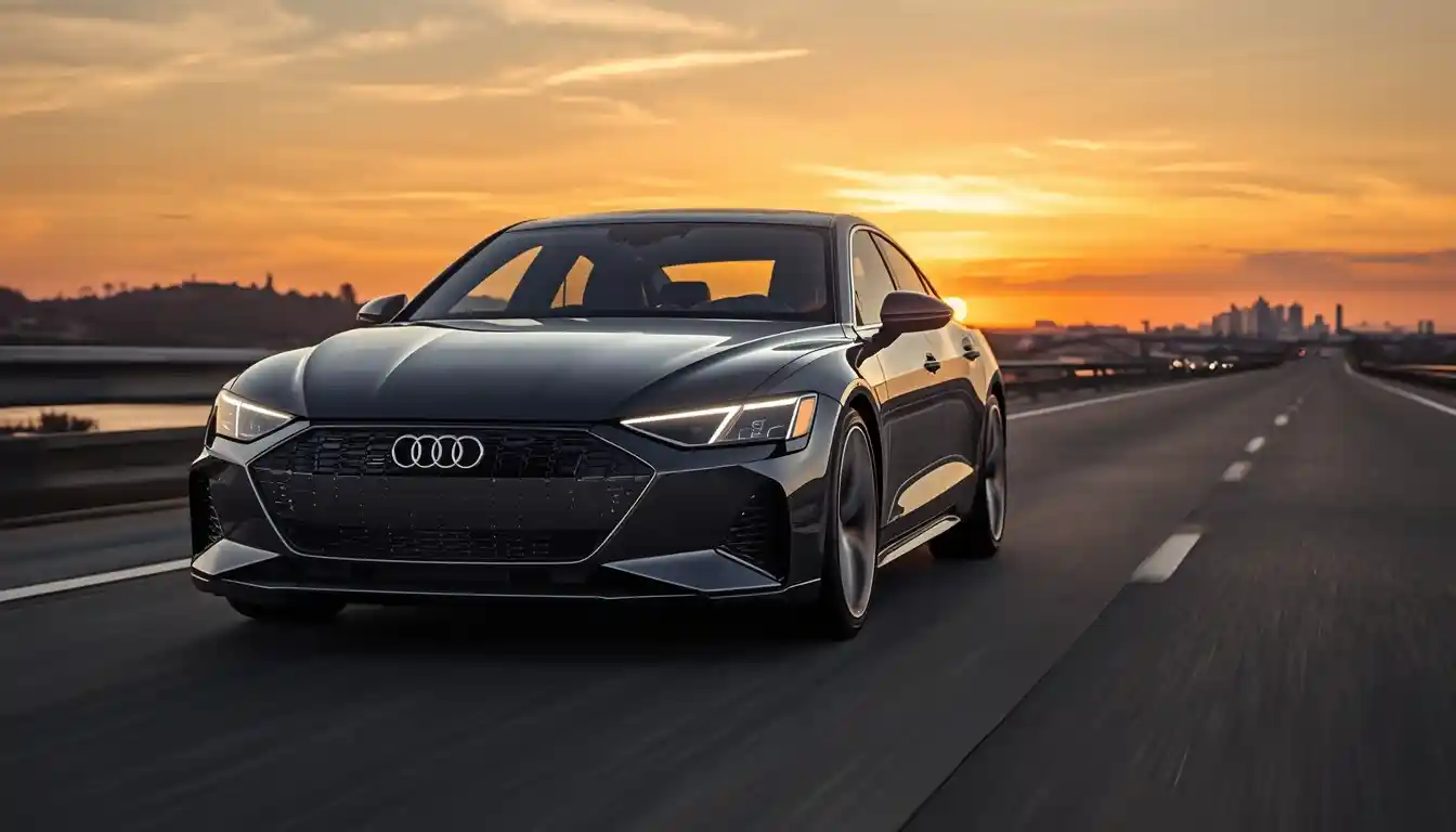 2026 Audi S e-tron GT electric sedan in Daytona Gray driving on open highway at dusk