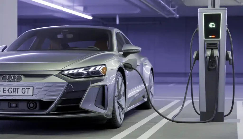 Audi S e-tron GT 2026 charging at 320kW DC fast charger showing dual charge port design