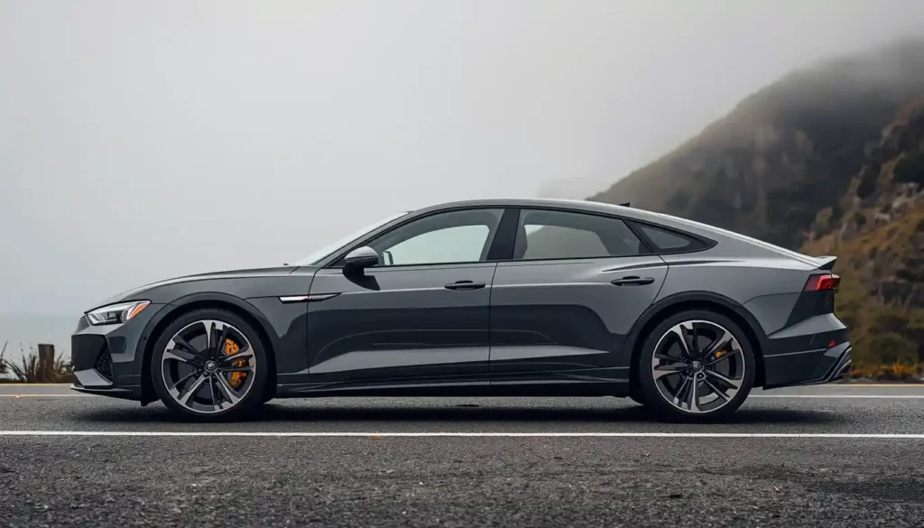 Audi S e-tron GT 2026 side profile showing fastback GT coupe silhouette in Kemora Gray