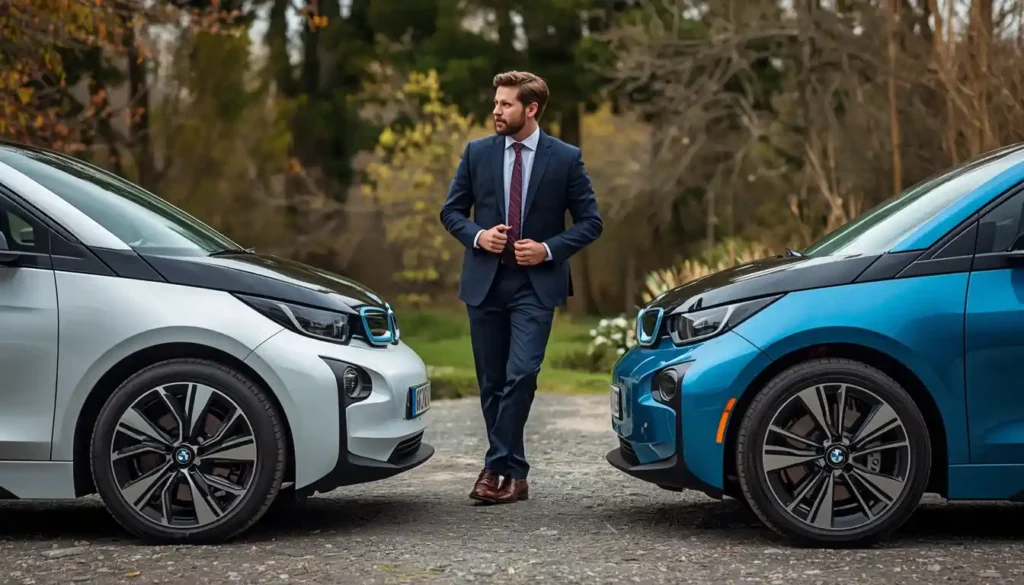 Person standing between used BMW i3 hatchback and new 2027 BMW i3 sedan making buying decision