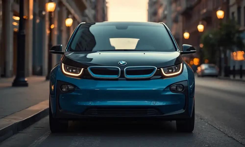 BMW i3 electric car parked on city street, front three-quarter view in Le Castellet Blue