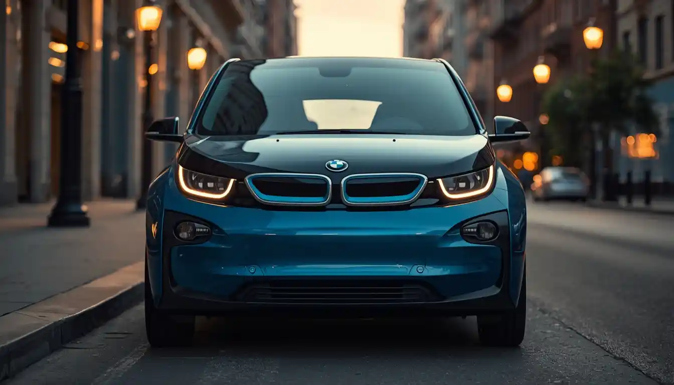 BMW i3 electric car parked on city street, front three-quarter view in Le Castellet Blue