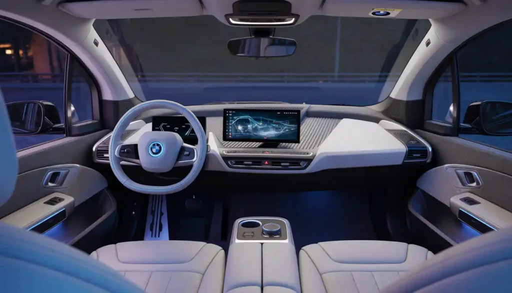 2027 BMW i3 sedan interior showing 17.9-inch touchscreen and Panoramic Vision windshield display