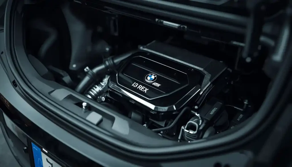 BMW i3 REx range extender engine compartment showing small two-cylinder generator unit