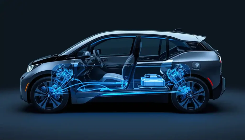 BMW i3 electric motor and drivetrain cutaway showing dual motor all-wheel drive system