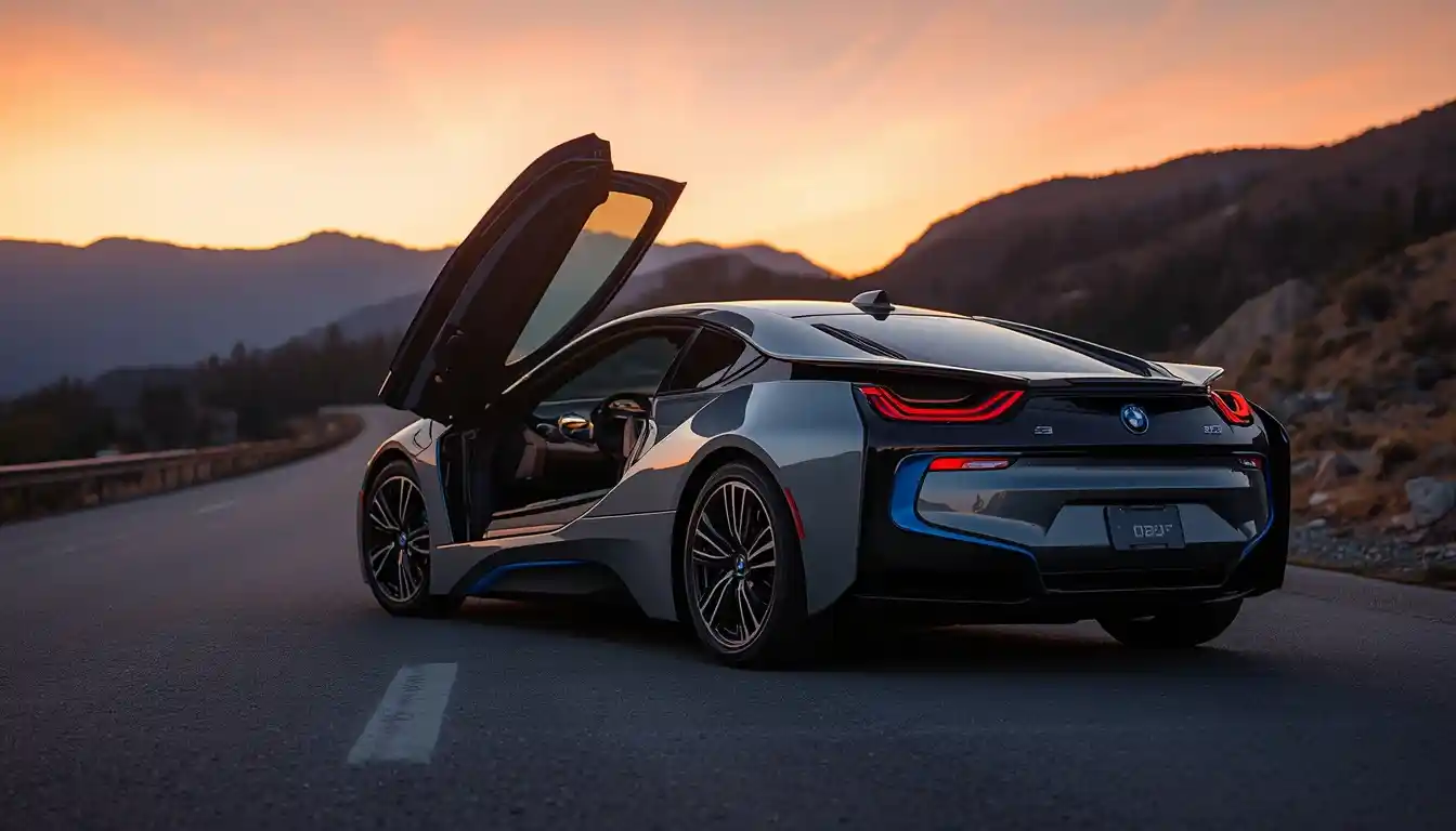 `2026 BMW i8 plug-in hybrid sports car side profile view`