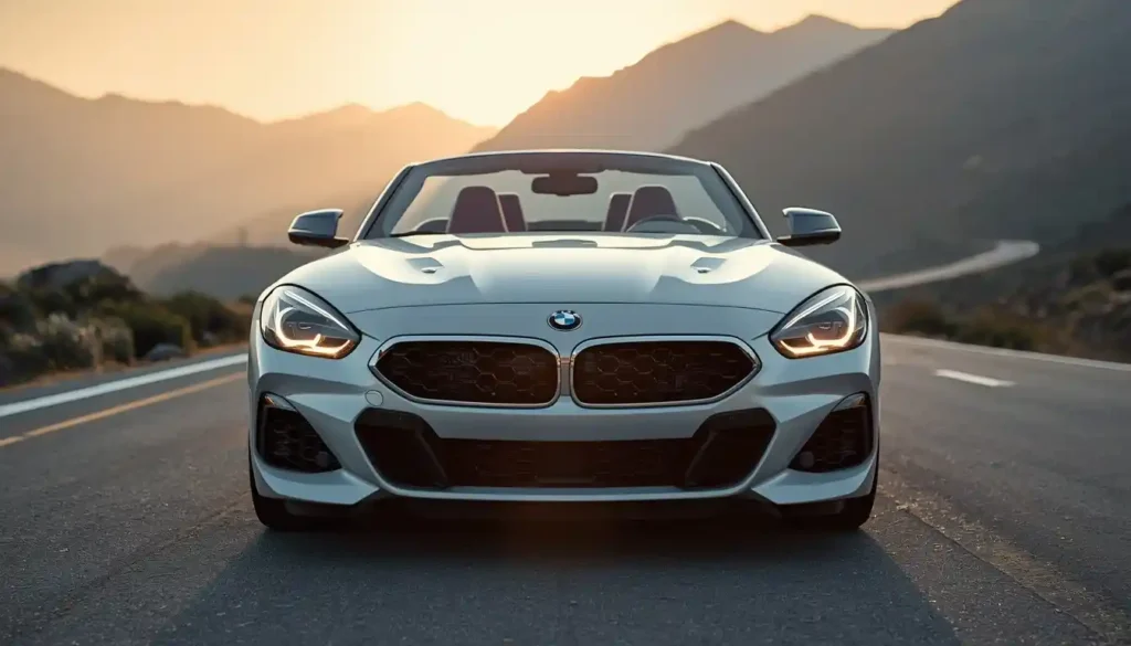 2026 BMW Z4 G29 roadster front view on empty mountain road at sunrise