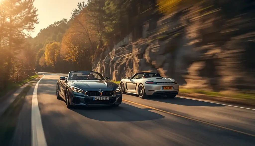 BMW Z4 M40i Handschalter and Porsche 718 Boxster driving side by side on mountain road