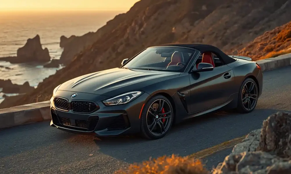 2026 BMW Z4 M40i soft-top roadster parked on coastal highway at golden hour