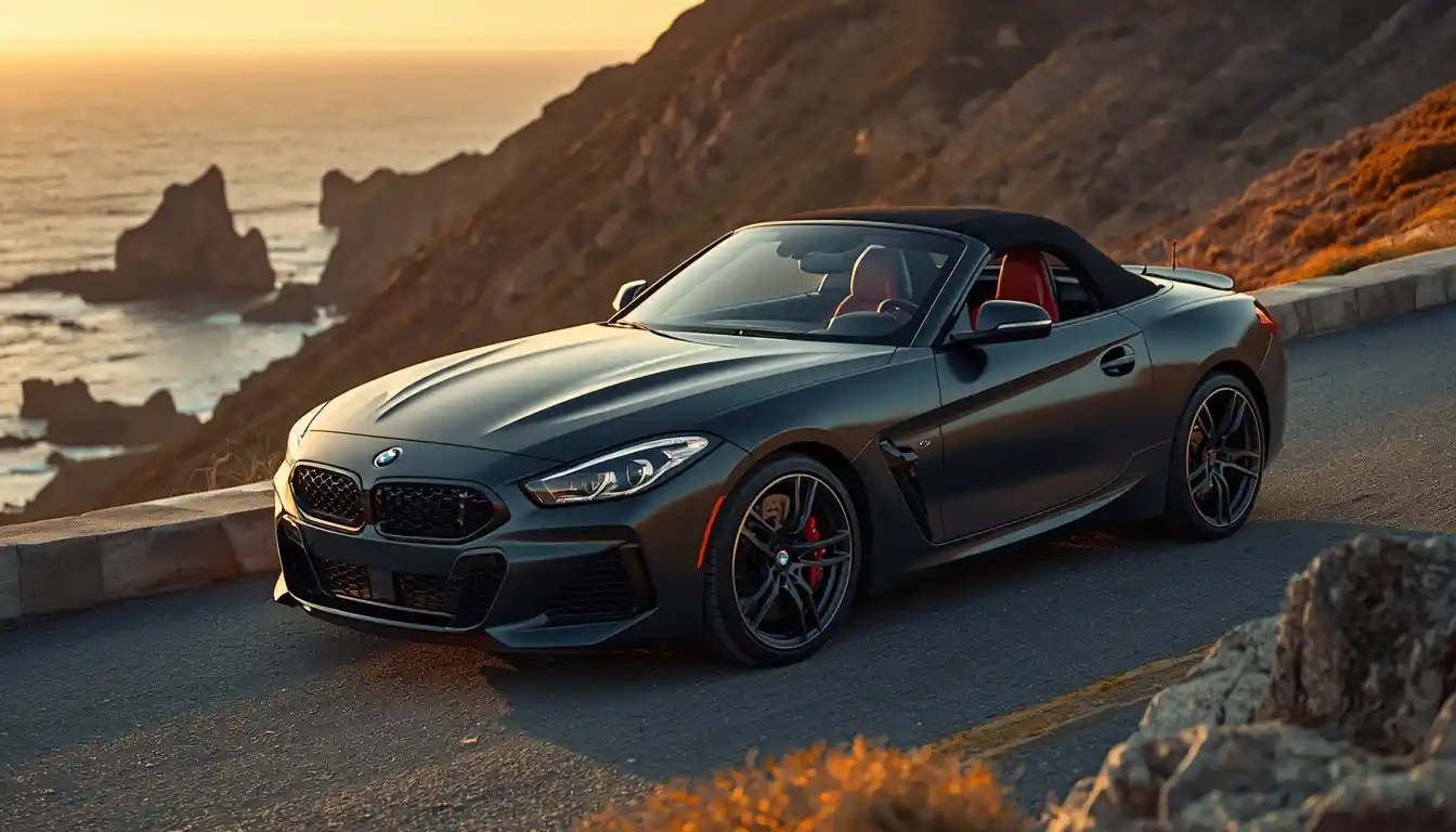 2026 BMW Z4 M40i soft-top roadster parked on coastal highway at golden hour