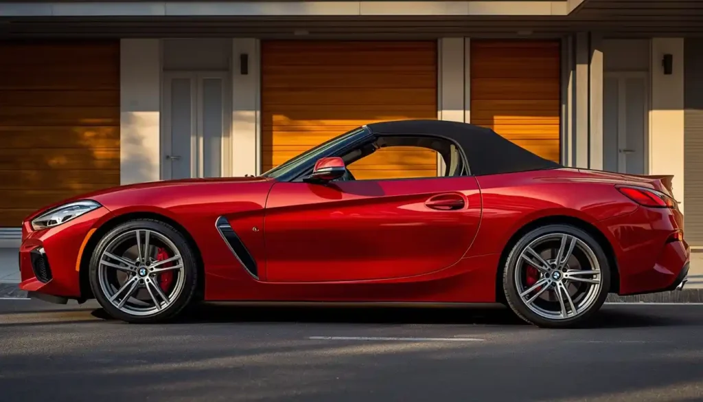 BMW Z4 G29 two-seat roadster side profile with soft top down on city street