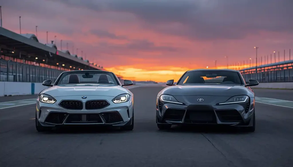 BMW Z4 G29 roadster and Toyota GR Supra A90 side by side on racetrack