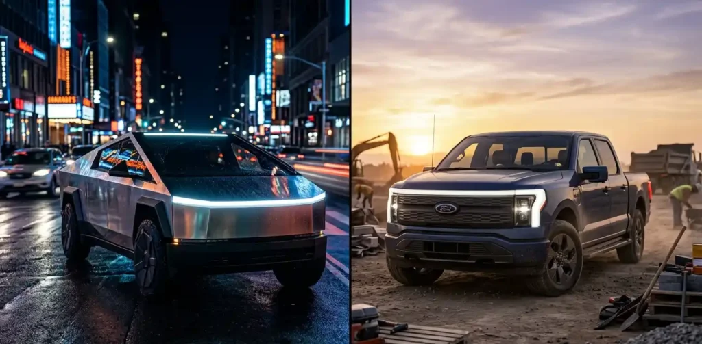 cybertruck vs f150 lightning design difference stainless steel vs classic truck
